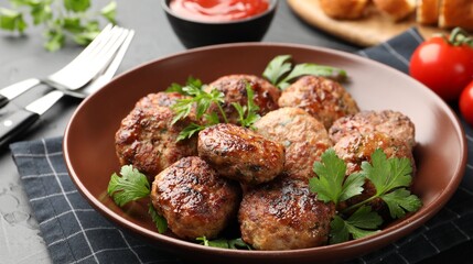 Delicious patties with parsley in bowl on grey textured table, closeup