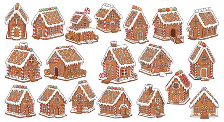 Illustrated set of cute cartoon gingerbread houses with sweet icing decorations for a festive Christmas celebration