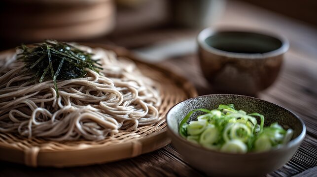 Japanese soba noodles on zarusoba serving cooling bamboo tray, a traditional cold buckwheat noodle meal with shredded nori, sliced scallions, and dipping sauce