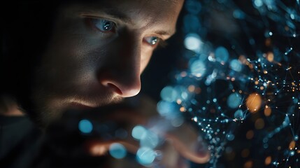 Man intently viewing a glowing network of interconnected nodes and lines, symbolizing complex data, artificial intelligence, and global digital communication in a dark, high-tech environment