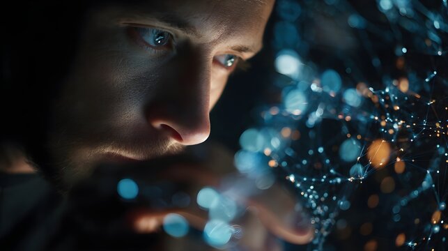 Man intently viewing a glowing network of interconnected nodes and lines, symbolizing complex data, artificial intelligence, and global digital communication in a dark, high-tech environment
