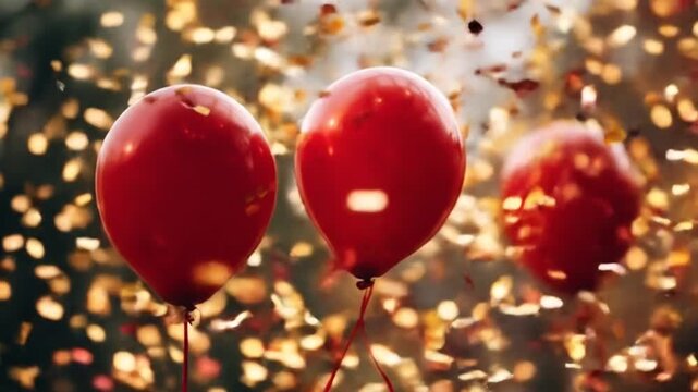 A vibrant celebration scene featuring three red balloons amidst a shower of colorful confetti, capturing the joy and excitement of a festive occasion in a lively outdoor setting