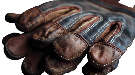 Worn leather work gloves with fine stitching detail, soft shadows