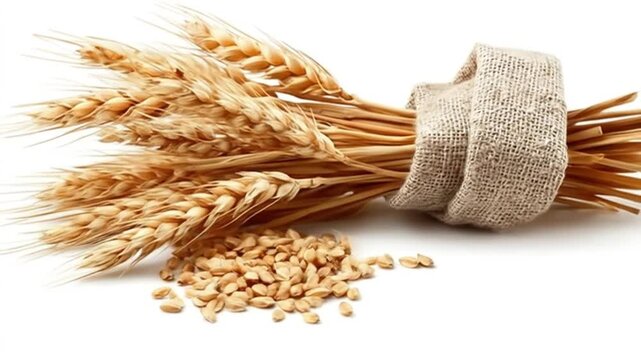 A bundle of golden wheat stalks tied with burlap, surrounded by scattered wheat grains, symbolizing harvest and agriculture in a rustic setting