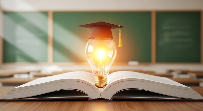 Illuminated graduation cap topped lightbulb emerging from open book symbolizing education and bright ideas in classroom
