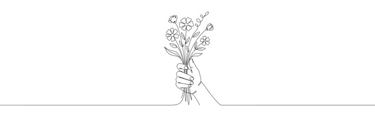 Continuous one-line drawing of a hand holding a small bouquet of flowers, symbolizing gift, nature, and heartfelt gesture in a minimalist style.
