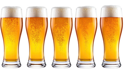 Five glasses of golden beer with foamy heads, close together