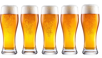 Five glasses of golden beer with foamy heads, close together