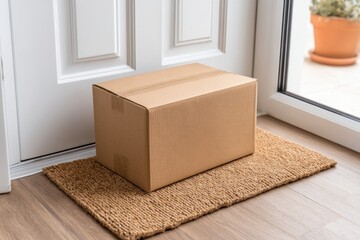 Brown cardboard delivery box resting on a coir doormat near a white front door and bright window.