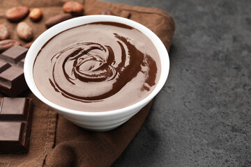 Bowl with melted chocolate, beans and pieces on grey table, closeup. Space for text
