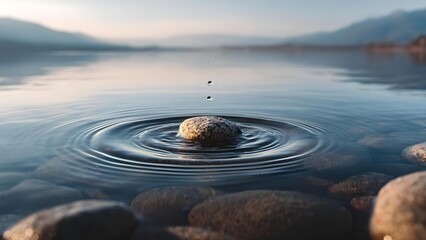 Rock in a calm lake creates concentric ripples while droplets fall from above; distant mountains blur on the horizon. Concept Calm lake with concentric ripples, Falling droplets and motion