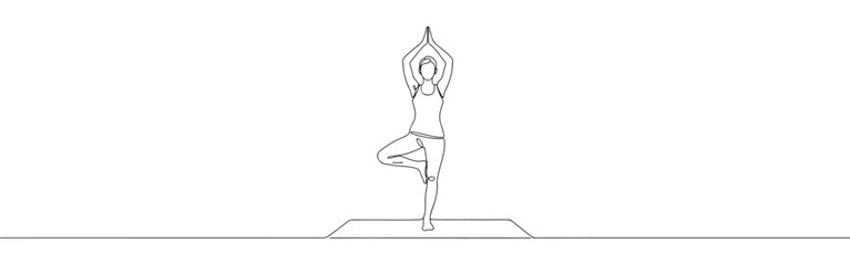 Continuous one-line drawing of a woman in a yoga pose on a mat, symbolizing strength, balance, wellness, and mindfulness in a minimalist style.
