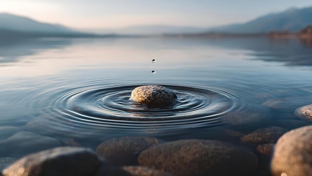 Rock in a calm lake creates concentric ripples while droplets fall from above; distant mountains blur on the horizon. Concept Calm lake with concentric ripples, Falling droplets and motion