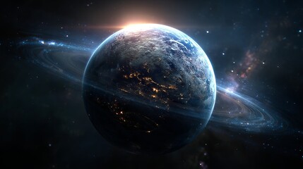 Obraz premium Stunning planet with glowing rings viewed from space, a cosmic masterpiece for science, astronomy, and futuristic projects, full of wonder and imagination