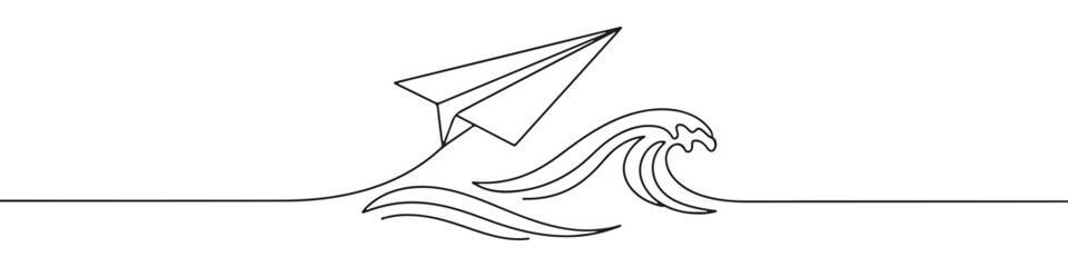 Continuous one-line drawing of a paper airplane flying over stylized waves, symbolizing travel, freedom, and overcoming challenges, rendered in a minimalist style on white.