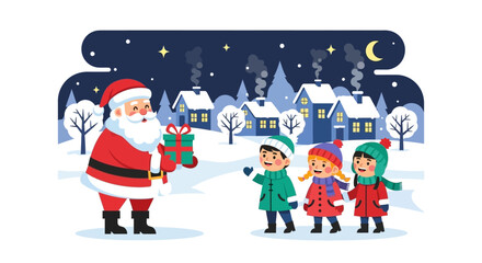 Joyful Santa Claus brings holiday gifts to delighted children in a magical winter wonderland village scene, celebrating seasonal spirit