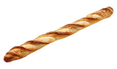 A slender baguette with a golden crust and diagonal scoring rests on a transpbackground. Crisp exterior and soft interior evoke fresh bakery quality, perfect for food, bakery, or French cuisine themes