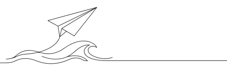 Continuous one-line drawing of a paper airplane flying over stylized waves, symbolizing travel, freedom, and overcoming challenges, rendered in a minimalist style on white.
