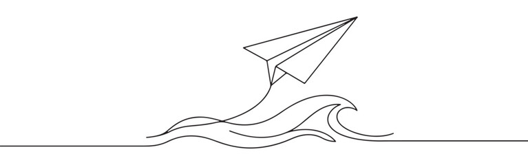 Fototapeta premium Continuous one-line drawing of a paper airplane flying over stylized waves, symbolizing travel, freedom, and overcoming challenges, rendered in a minimalist style on white.