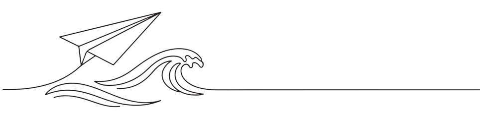 Continuous one-line drawing of a paper airplane flying over stylized waves, symbolizing travel, freedom, and overcoming challenges, rendered in a minimalist style on white.