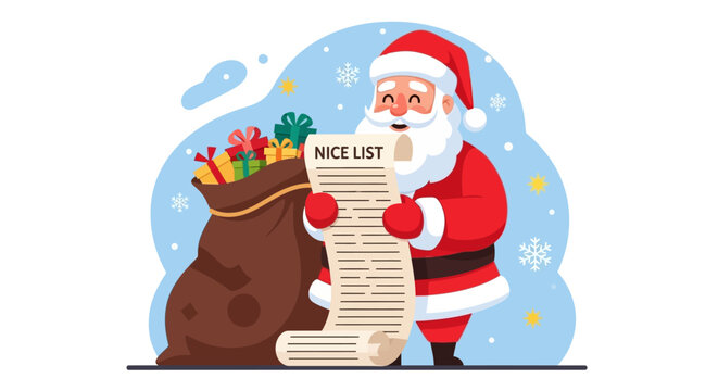 Santa Claus reviewing his comprehensive list of good children to deliver gifts to, on a snowy Christmas Eve