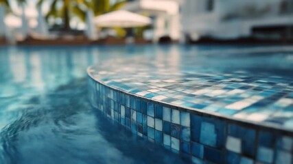 A serene swimming pool edge with vibrant blue mosaic tiles reflecting sunlight, surrounded by lush greenery and a relaxing atmosphere, perfect for leisure and vacation imagery