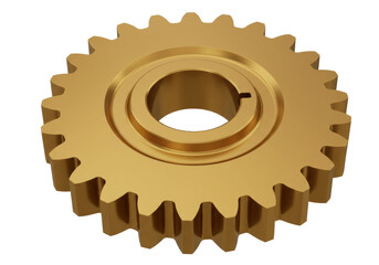 Isolated gold colored gear component used in machinery, with a central hole and splined teeth