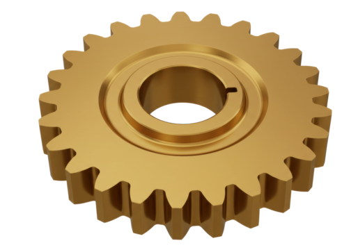 Isolated gold colored gear component used in machinery, with a central hole and splined teeth