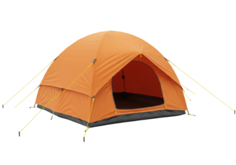 Isolated orange tent for camping or recreation on display for commercial use, no backdrop