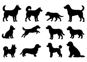 Silhouettes of various dog breeds in different poses and postures.