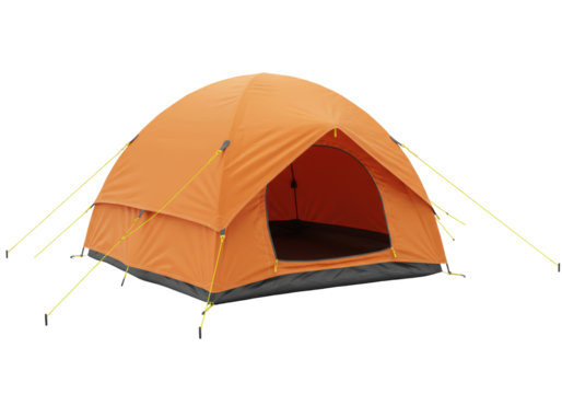 Isolated orange tent for camping or recreation on display for commercial use, no backdrop