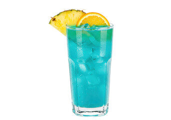 Isolated blue cocktail with ice, a slice of pineapple, and a round orange garnish atop the glass