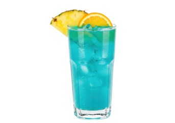 Isolated blue cocktail with ice, a slice of pineapple, and a round orange garnish atop the glass