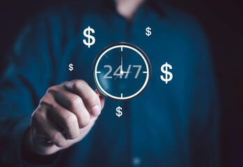 Businessman pointing at digital clock showing 24 surrounded by dollar symbols, representing nonstop business, online income, financial growth, investment, continuous profit in modern digital economy.