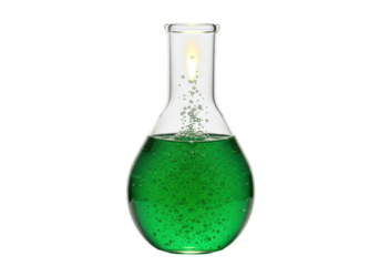 Isolated Erlenmeyer flask with green liquid and bubbles representing science experiment