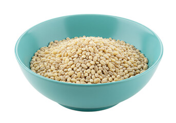 Isolated bowl full of pearled barley, a healthy grain to use in a soup or stew ingredient