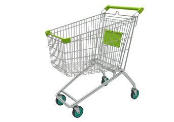 Isolated shopping cart for grocery, supermarket, hypermarket on fair background, silver metal © Johanna