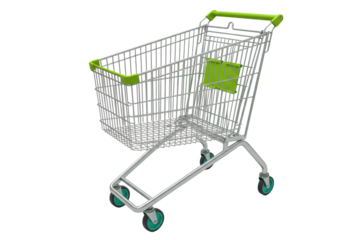 Isolated shopping cart for grocery, supermarket, hypermarket on fair background, silver metal