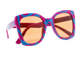 Isolated fun pink and blue sunglasses with orange lenses, bold eyewear for sun protection