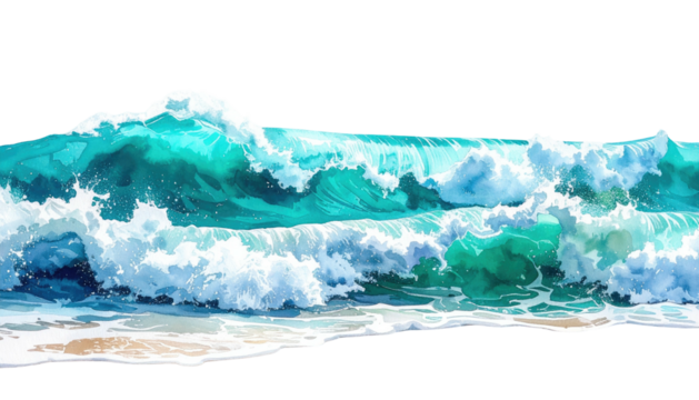 Ocean waves cresting, turquoise water, breaking, sandy edge