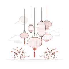 Elegant Lantern Festival Line Art Illustration
