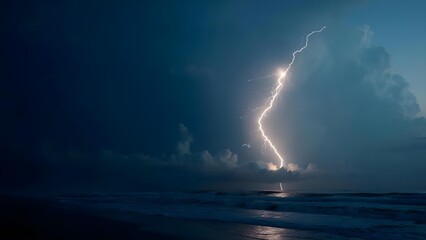 A bright lightning bolt strikes the ocean at night, illuminating dark storm clouds and rolling waves. Concept Lightning over the ocean at night, Dramatic storm clouds and rolling waves