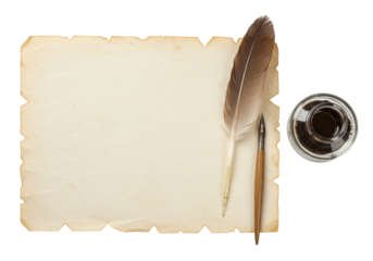 Isolated old paper with ink well and feather pen for writing creative text ideas