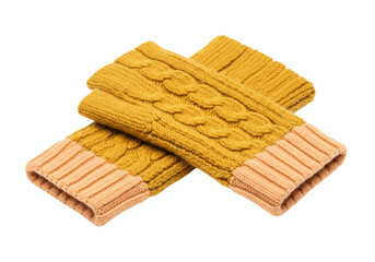 Isolated pair of yellow wool wrist warmers on display in studio for catalog, no background