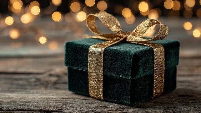 Elegant green velvet gift box adorned with shimmering gold ribbon, perfect for special occasions and luxurious celebrations.
