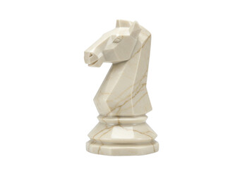 Isolated sculpture of a chess knight piece, made of light-colored stone with veins of dark gold © Agata