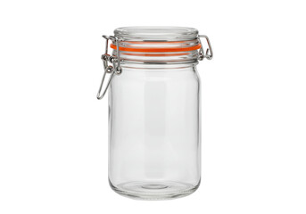 Isolated clear glass jar, hermetic closure, orange gasket, container for storing food