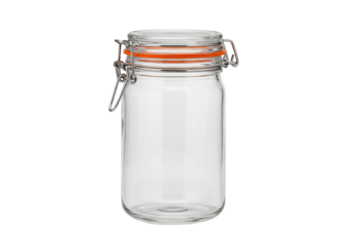Isolated clear glass jar, hermetic closure, orange gasket, container for storing food