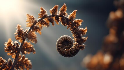 Close-up of a brown fern fiddlehead curling into a spiral, bathed in warm sunlight. Concept Macro Nature, Fern Fiddlehead, Spiral Pattern, Sunlit Close-Up, Natural Texture