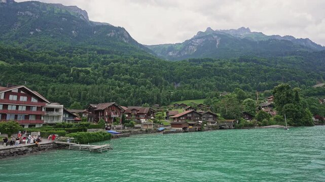 Lakeside Village and Green Mountains by Turquoise Lake Brienz, Switzerland,Filmed on 29 August 2025